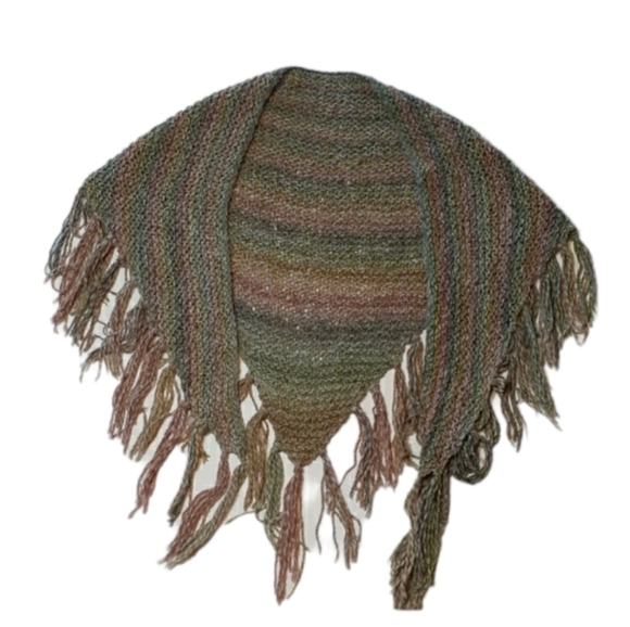 Hand Crafted Sweaters - Hand Made Knit Fringed Shawl Wrap Green Multi-color Cottagecore Boho Plant Mama
